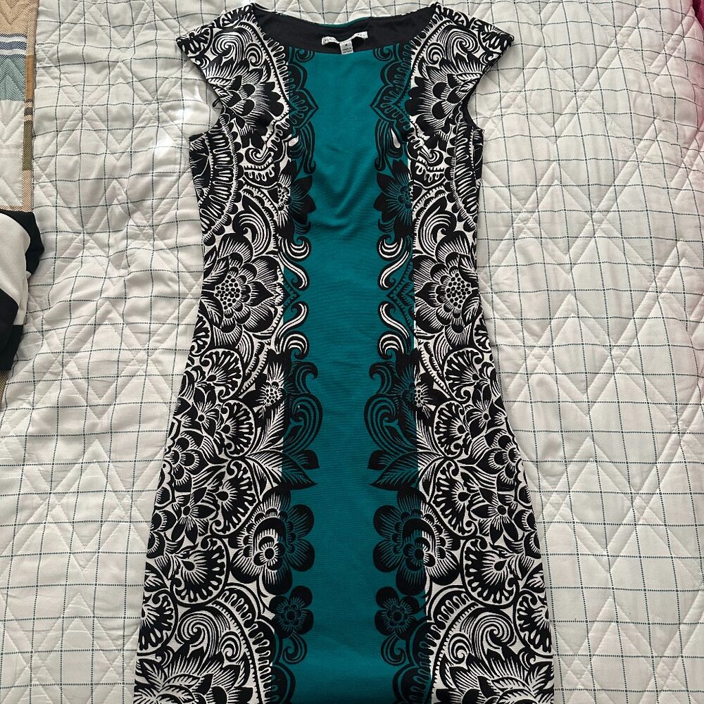 Maggy London Teal & Black Floral Panel Sheath Dress • Size 4